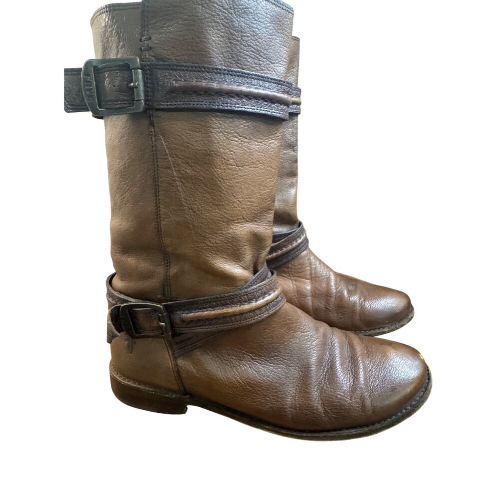 Frye Boots Paige Trapunto Women's 8 B shoes brown Leather Buckle Mid Calf 76115